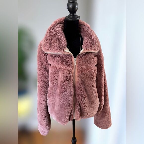 Anthropologie Faux Fur Jacket Teddy Bomber Chevron Detail Size L - Picture 13 of 16